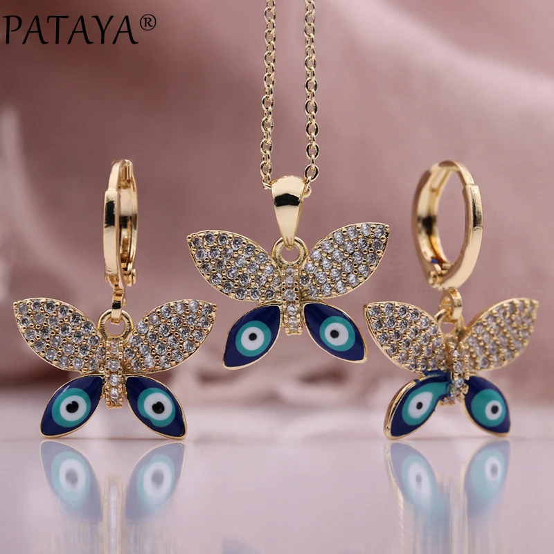 PATAYA New Butterfly Earrings Pendent Necklaces Sets Champagne Gold Color Natural Zircon Lovely Women Fashion Jewelry Set