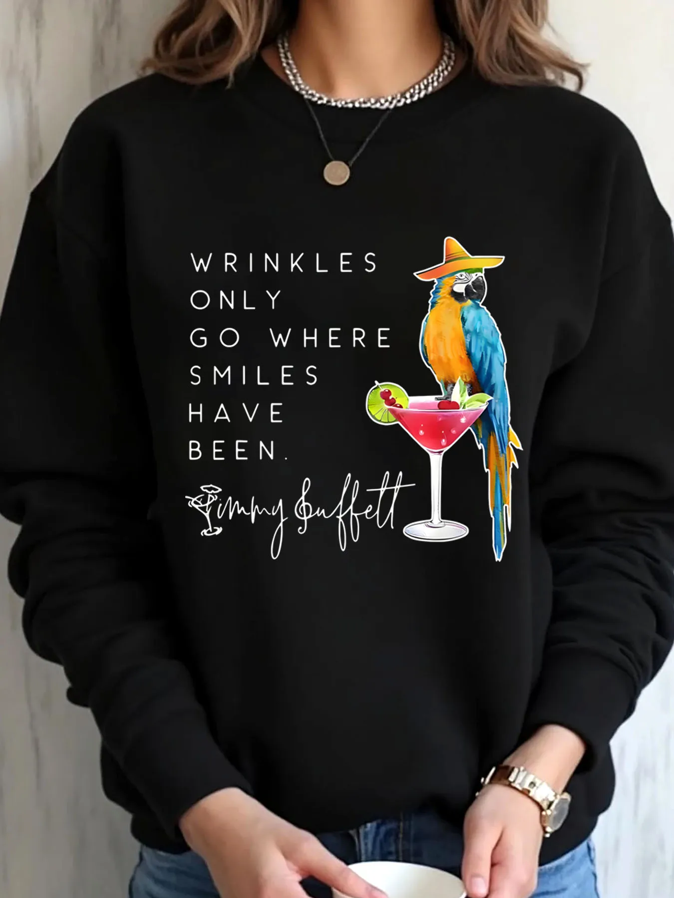 

Женская толстовка большого размера, летняя одежда с изображением попугая, коктейля, цитата Джимми Баффетта, уличная одежда