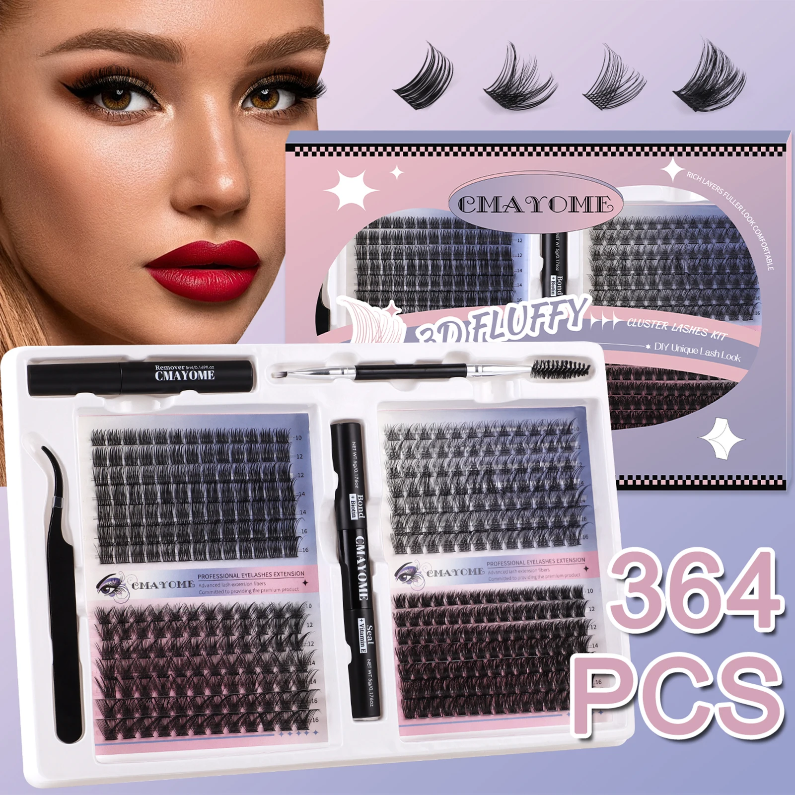 

4 style Mixed Eyelashes Set Fluffy Clusters lash 10-16MM natural D Curl false Eyelash Extension Kit bond and seal glue tweezer