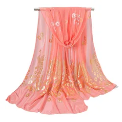 170x60cm Chiffon Long Scarves Glitter Thin Muffler Gold Peacock Print Wrap Shawl Georgette Scarf Solid Color Hijab Scarf