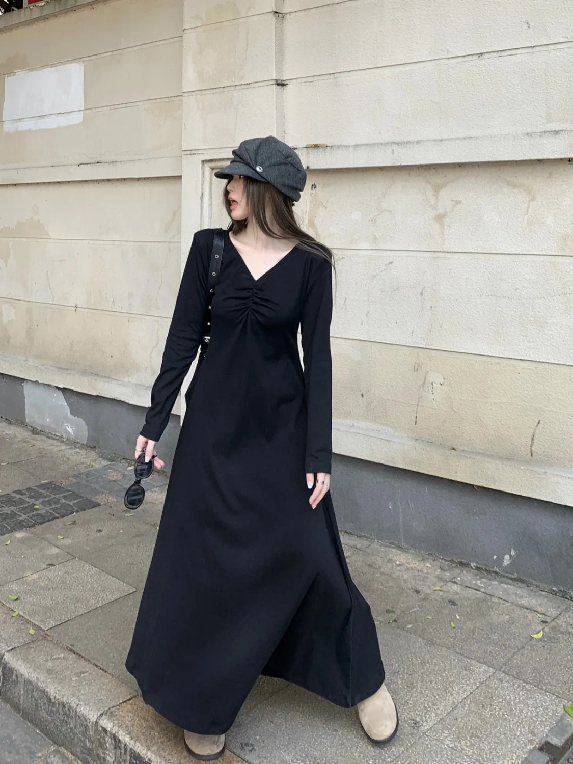 

plus Size Women's Bla V-Ne Pleated A-Line Long Dr Slimming Waist Design Hepburn Sle Retro Knitted High Waist Ci Co...