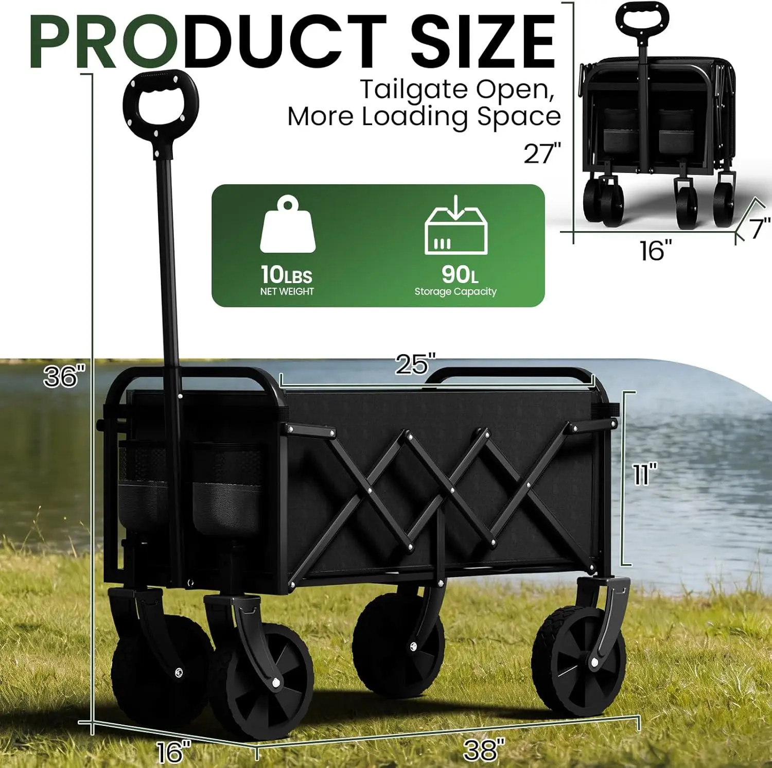 Foldable Collapsible Alloy Steel Wagon Wheels Adjustable Handle Built-In Cup Holder-Portable Grocery Utility Cart for Camping