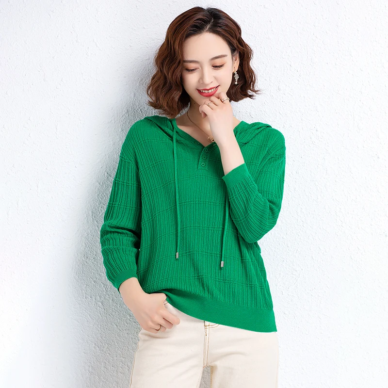 Women's Hooded Sweater Tops 2022 Summer &A Spring Knit Shirts Elegant Ladies Knitwear Blouse