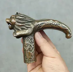 Chinese Old Bronze Hand Carved Lion Statues Antique Cane Walking Stick Head