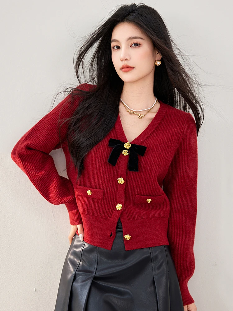 2024 Autumn/Winter Korean Sweet Knitted Cardigan Gentle Style Long Sleeve V-neck Sweater Women\'s Solid Color Button Coat Top