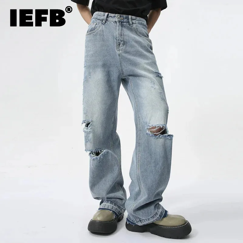 IEFB Trendy Men's Straight Jeans Worn-out Hole Design Autumn New Streetwear American Style Wide Leg Denim Pants Spring 9C5979