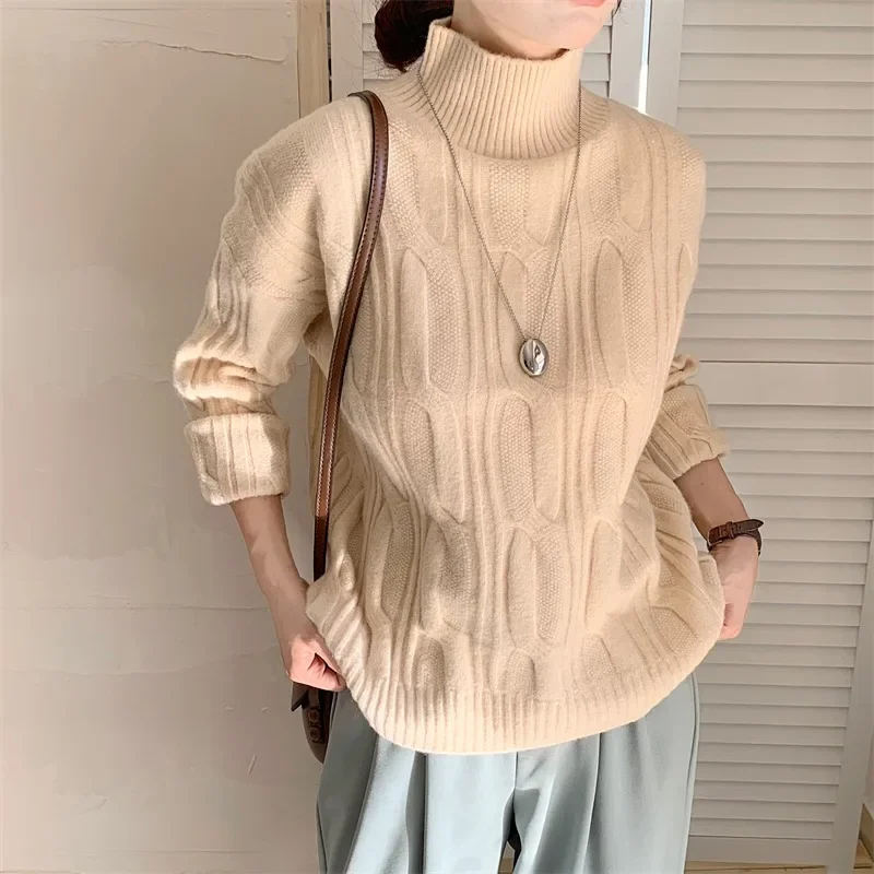 

2025 зимние повседневные вязаные элегантные однотонные пуловеры с длинными рукавами, корейский модный женский шикарный офисный женский теплый свитер, топ