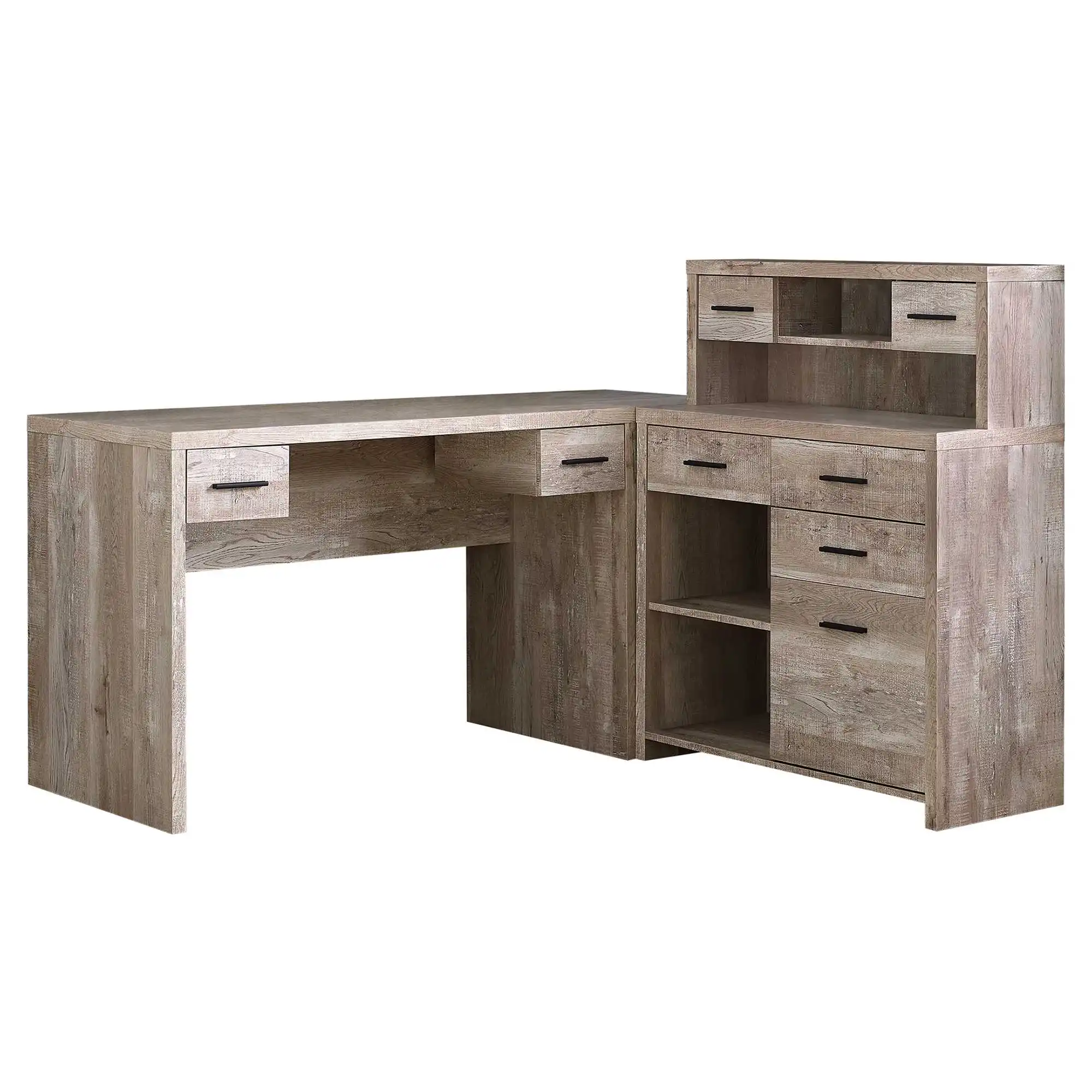 Brown L-shaped computer and gaming table, simple design office computer desk with eight drawers and bookshelves
