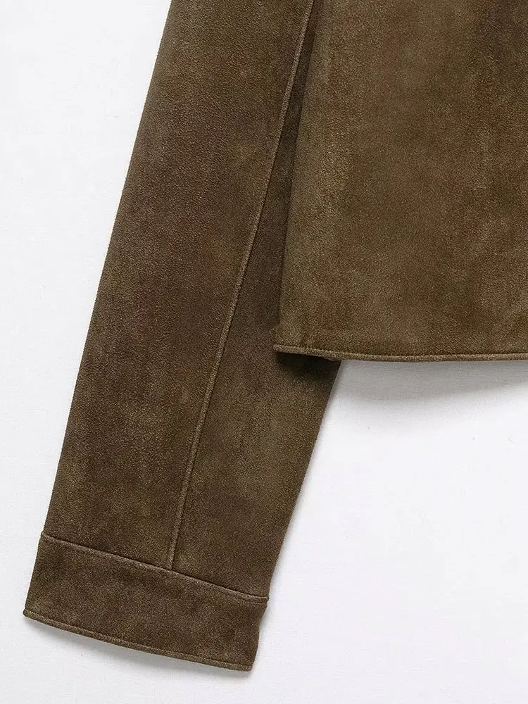 Moda feminina jaqueta de camurça falsa casaco manga longa botão-up feminino outerwear chiques topos