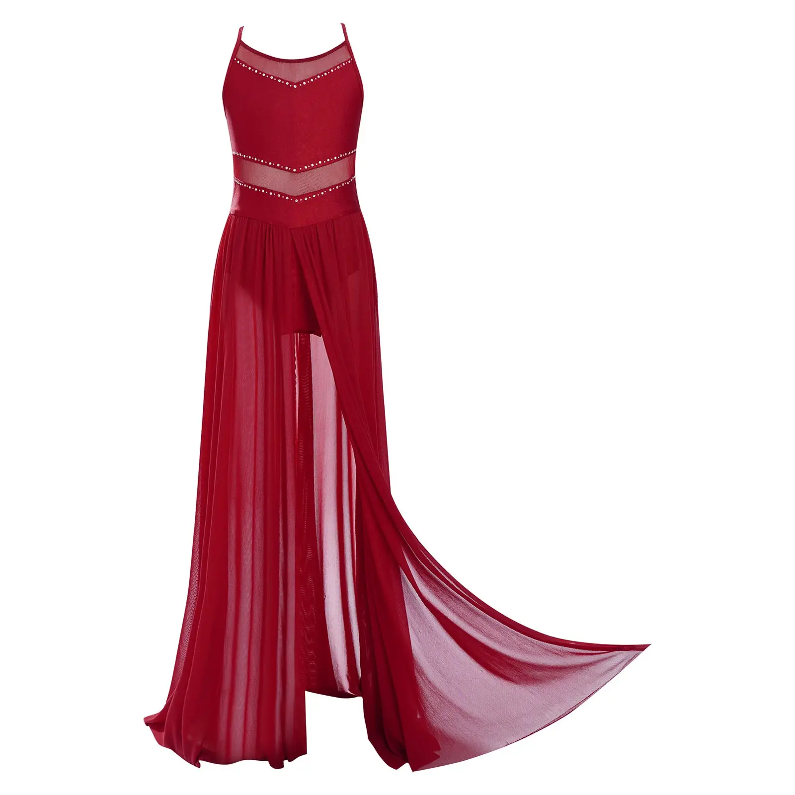 

Kids Girls Lyrical Dance Dress Spaghetti Straps Crisscross Strappy Back Split Flowy Mesh Overlay Leotard Dress Modern Dancewear