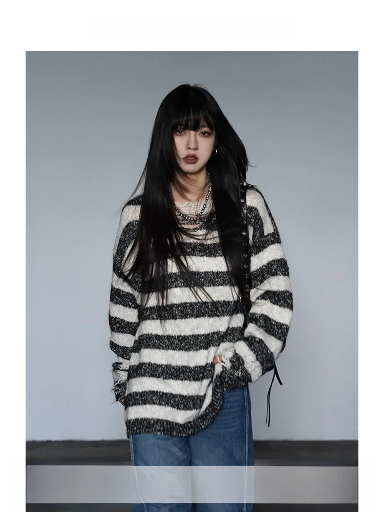 

Retro Striped Loose Fit Overhead Hollow Knitted Sweater Women's Autumn Winter Lazy Sle Cotton Polyester Wool Blend Long Sle...