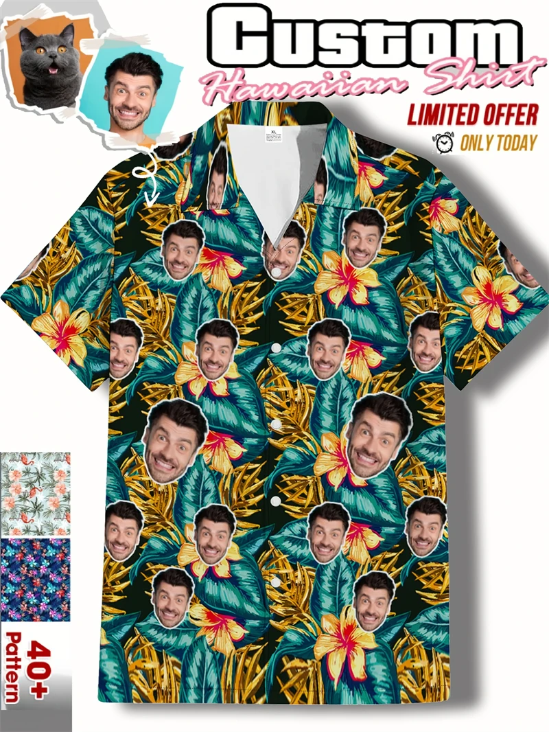 Free Custom Photo Face Team Hawaiian Man Shirts Coconut Tree Pattern Personalized Diy Face Beach Men Short Sleeve Aloha Shirts