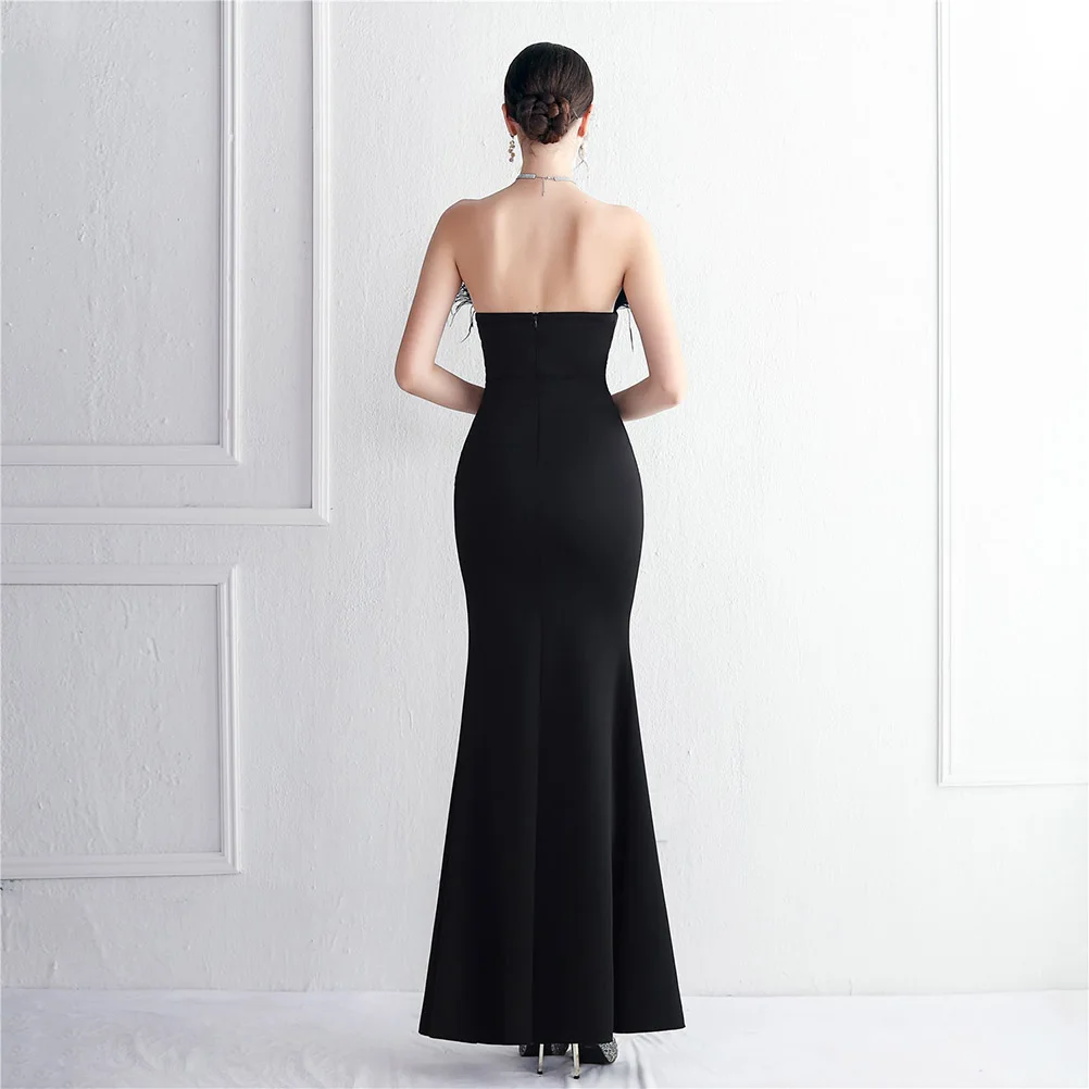 DEERVEADO Sexy Strapless Black Evening Dress with Feather Soft Satin Slit Party Maxi Dress Long Prom Dresses