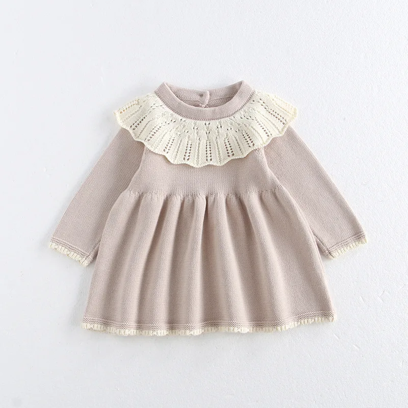 MiniAinis Autumn Winter New Baby Knitted Long Sleeve Sweater Girls 0-neck Lotus Leaf Edge Knit Dress Girl Cotton Sweet Clothes