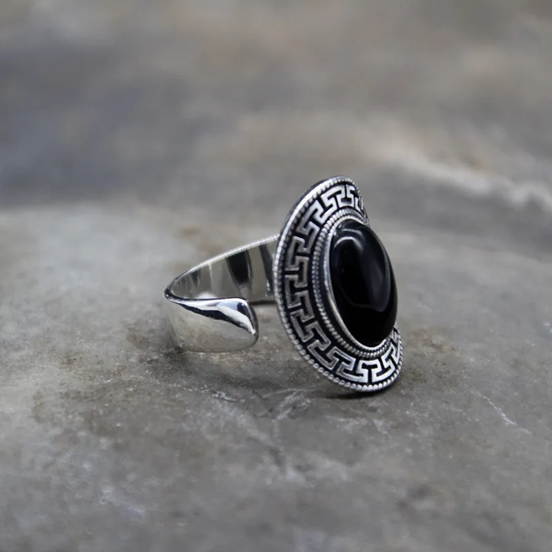 Silver-Plated Inlaid With Black Agate, Ethnic Style Vintage Unisex Ring, New Model Attracting Wealth