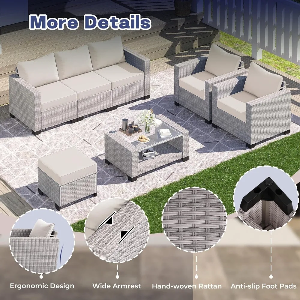 7-delige terrasmeubilairset, sectioneel tuinmeubilair, rotan stoelen glazen tafel rieten conversatie zitgedeelte