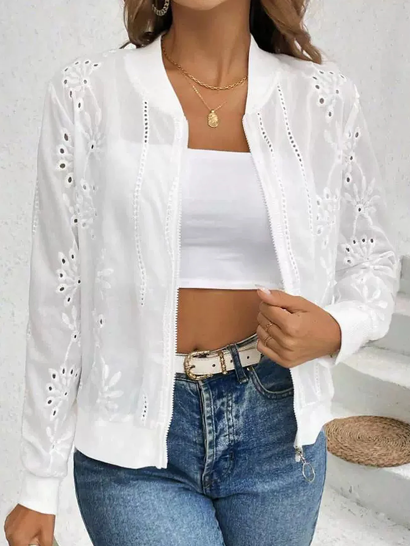 

Autumn Jackets 2025 Women's French Plain Eyelet Embroidery Long Sleeve Baseball Collar Regular Fit Dating Jackets