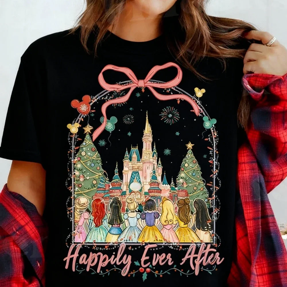 

Fashion Disney Princess Christmas T-shirt Cute Unisex Men's Girl's Short-sleeved Retro Street Y2K Casual Fashion Tops Clothing