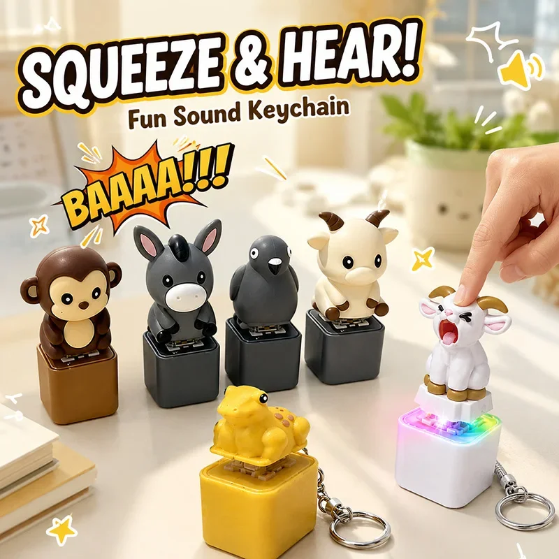 Funny Animal Voice Keychain Cartoon Monkey Lamp Bag Pendant Anti-stress Clicker Keyring Hanging Finger Button Decompression Gift