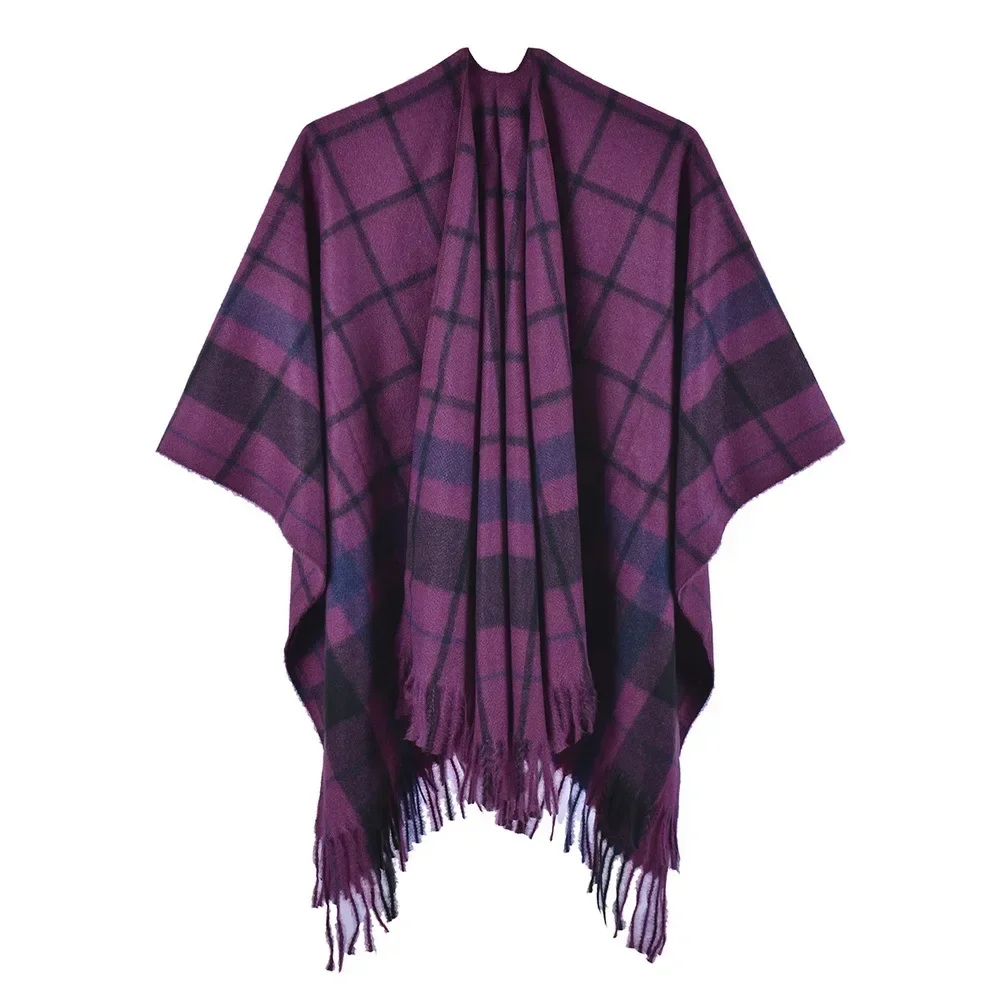 Autumn Winter Checked Scarf Shawl Tassels Imitation Cashmere Wear Both Sides Shawl Women Poncho Lady Capes Purple Cloaks