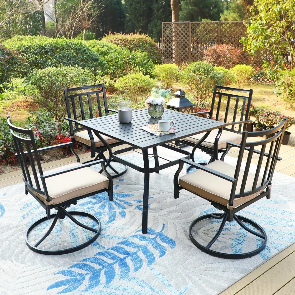 5-Piece Outdoor Patio Swivel Set Metal Dining Furniture Beige Cushion, 4 Steel Metal Swivel Patio Chairs & 1 Square Dining Table