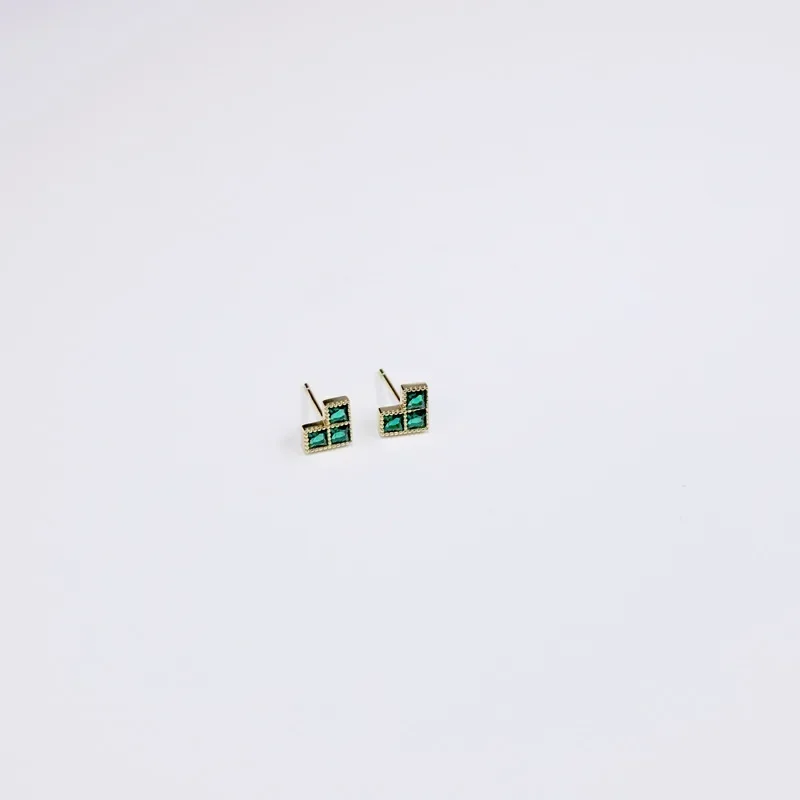 S925 sterling silver plated 14k gold heart-shaped grandmother green stud earrings female geometric square diamond temperament