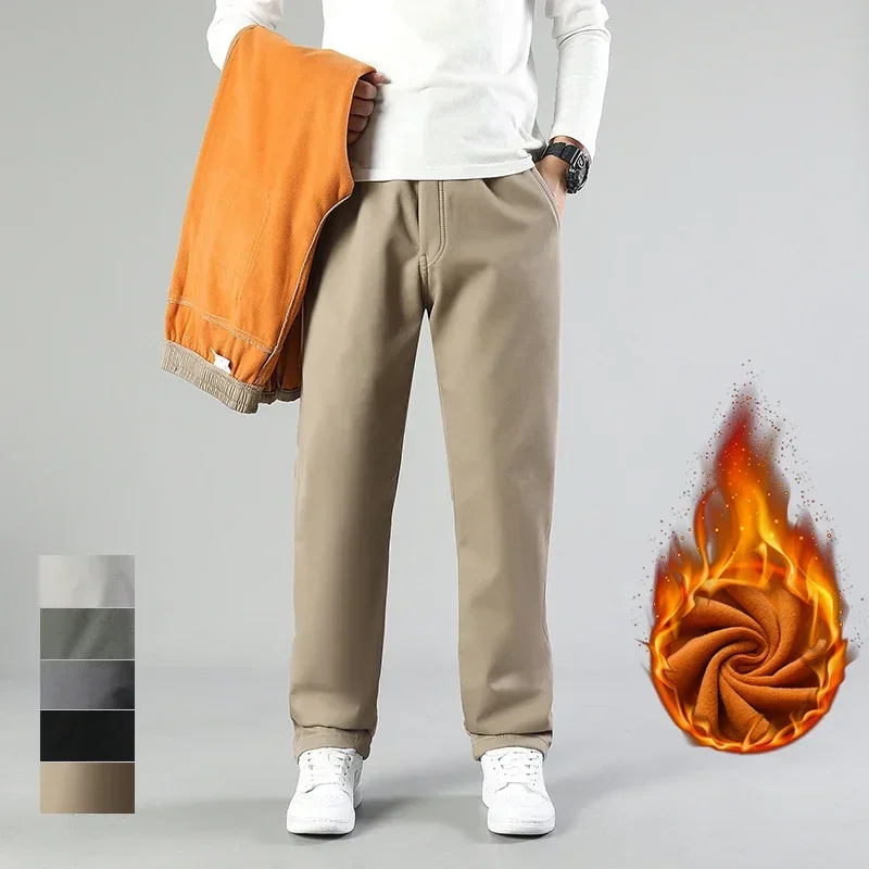 New Men's Plush Fleece Pants Autumn Winter Fleece Lining Cotton Trousers Men Loose Fit Thicken Long Pants 5XL 6XL Classic Pants