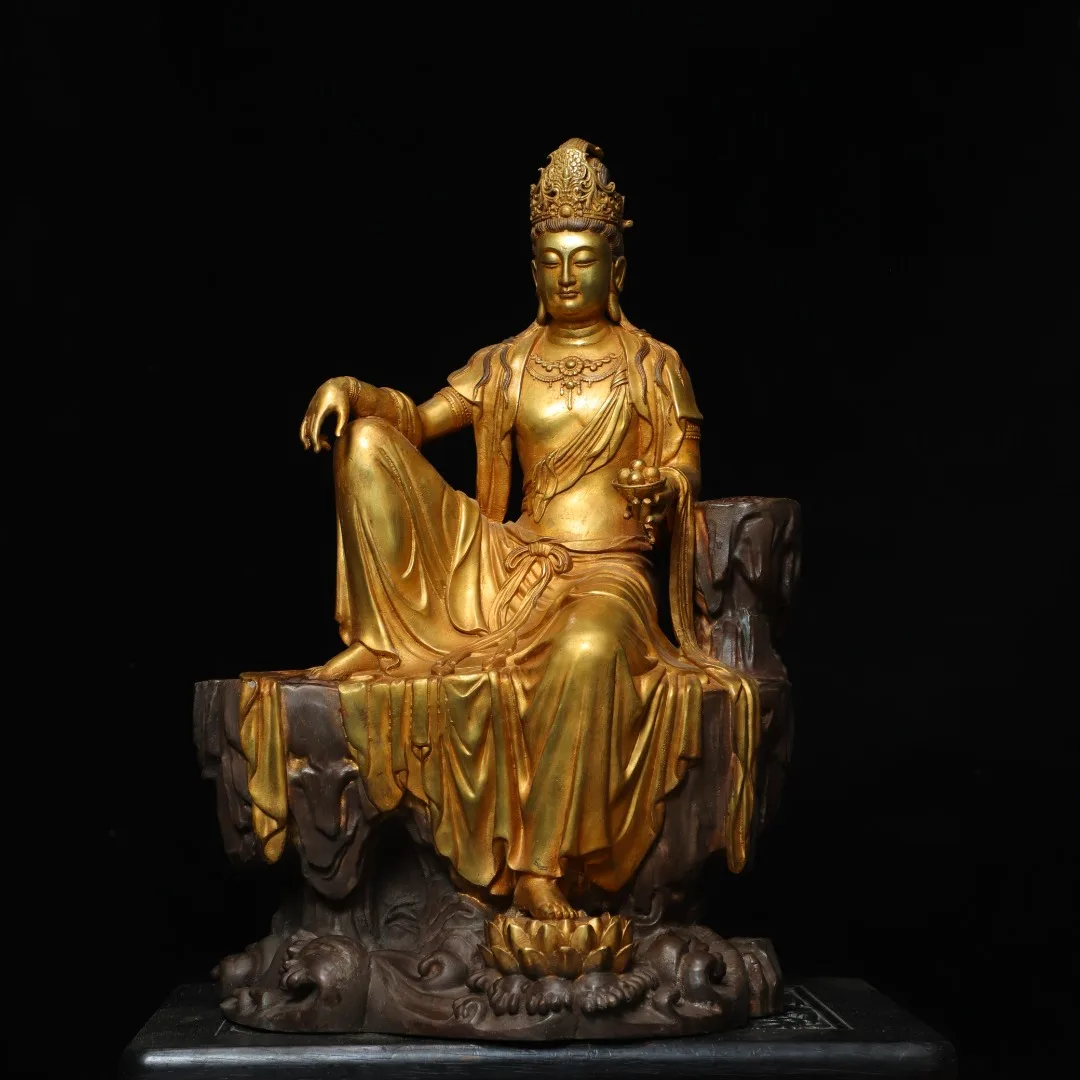 

20-дюймовый народный старый бронзовый позолоченный киноварь Авалокитешвара Гуаньинь Бодхисаттва Сидящий Будда Зал поклонения