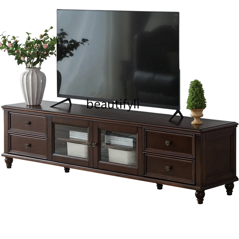 Solid Wood TV Cabinet Tea Table Combination Small Apartment Simple Living Room Storage Audio-Visual Floor Cabinet