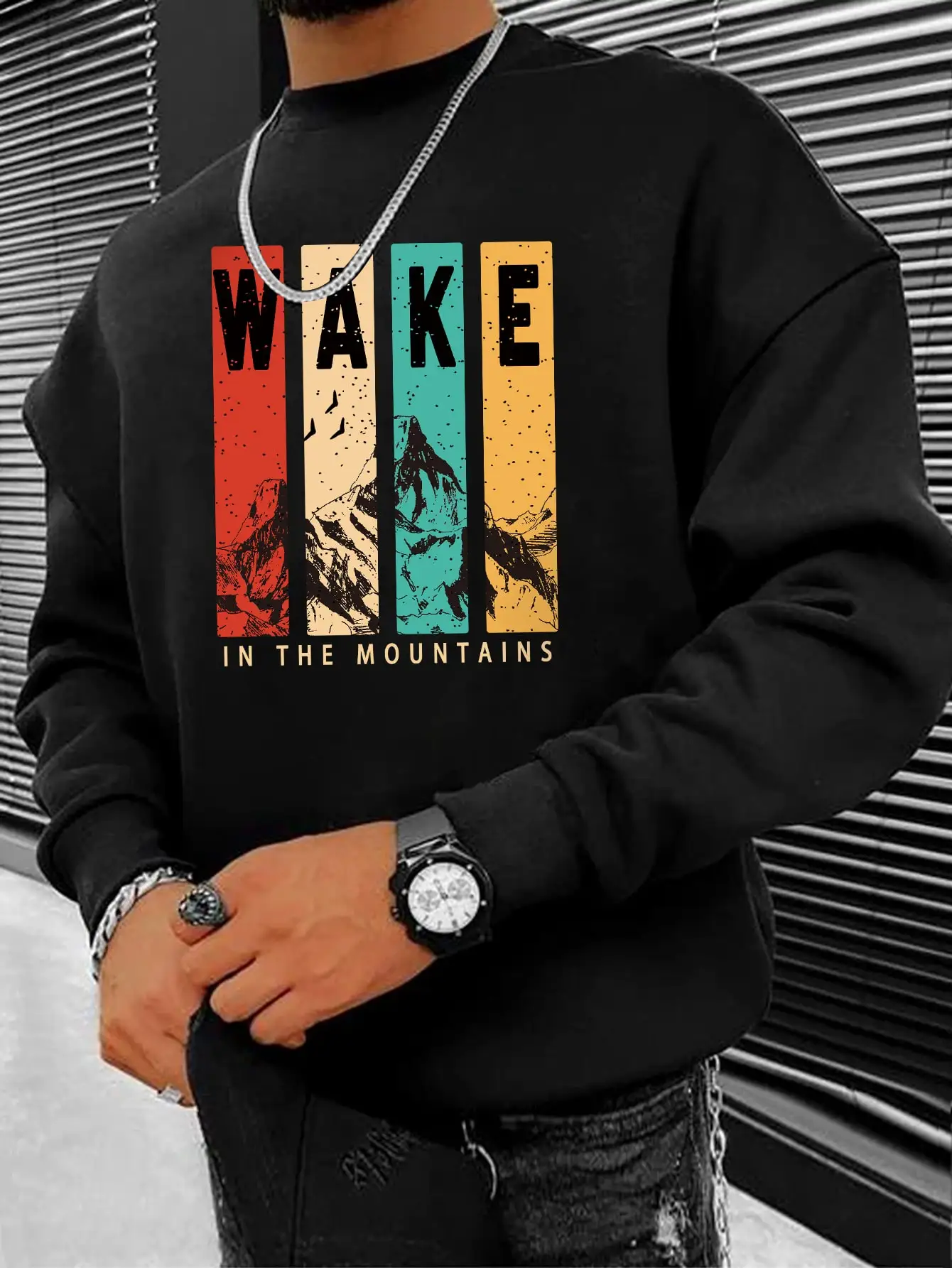 Sweat-shirt coloré Mountain Range Wake Word pour homme, sweat à capuche confortable, vêtements de rue décontractés, pulls à col rond Hip Hop, nouveau