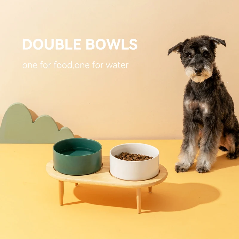 850ml Dog Food Water Bowl Elevated Cat Drinking Eating Feeding Bowls with Wooden Stand Pet Ceramic Feeder with Removable Base