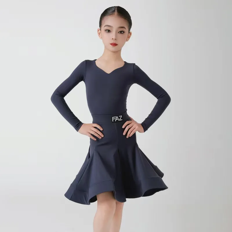 Girls' long sleeves Latin Dress Children's Tango Ballroom Dance Competition Skirt Party Rumba cha-cha professional dance