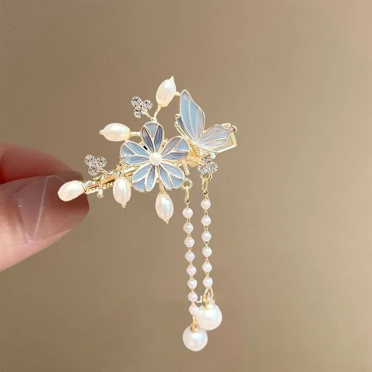 Gufengshan camellia painted tassel hair clip retro exquisite flower pearl side clip Hanfu qipao hairpin headband - Image 2