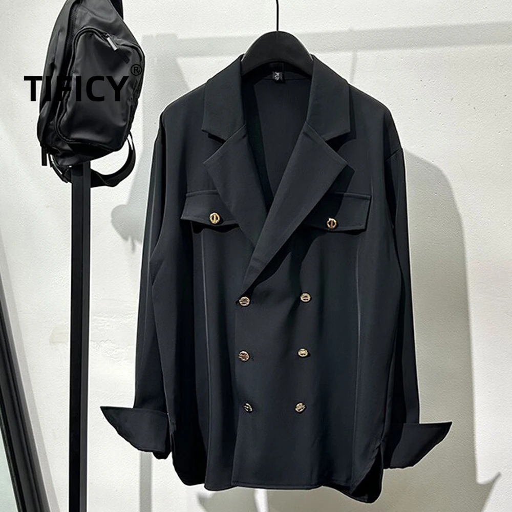 High Street Shirts Men's Fashionable and Lazy Style Suit Collar Double Breasted Shirt Versatile Retro No Iron High-end Top