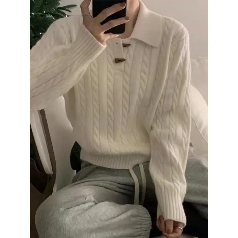Французский новый стиль, простой пуловер в пригородном стиле, осень-зима, темпераментный свитер на пуговицах с поворотным рогом, корейская версия