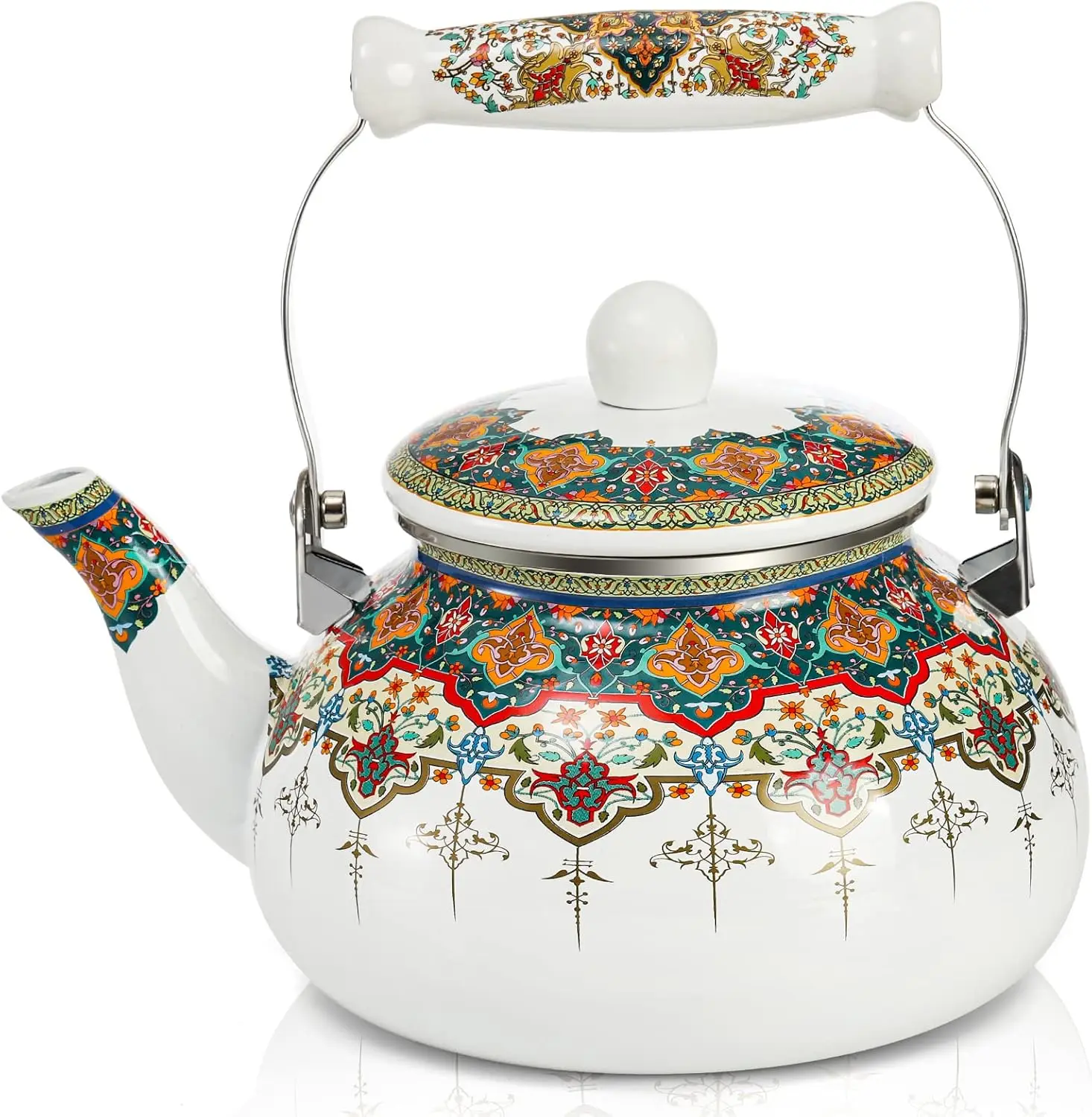 

Ceramic Enamel Tea Kettle, 2.6 Quart Large Floral Colorful Teapot with Handle for Stovetop, Retro Hot Water Tea Kettle Pot, No W