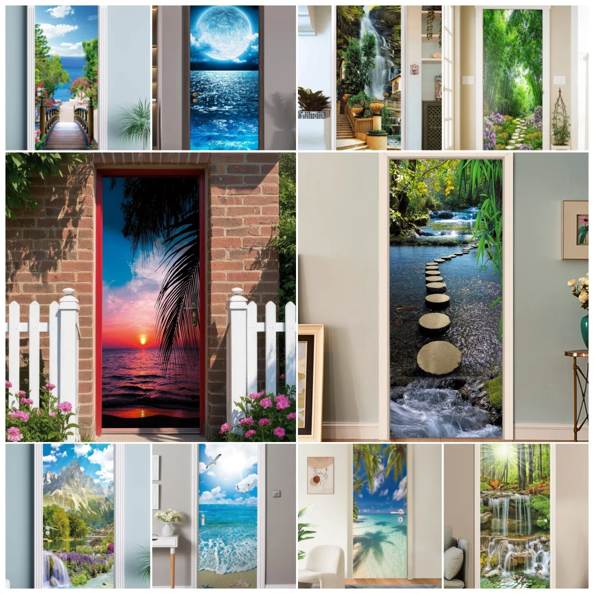 Tropical Palm Beach Sunset Door Sticker 3D Sea View Vinyl Mural Self Adhesive Removable Waterproof Home Door Renovation Decal