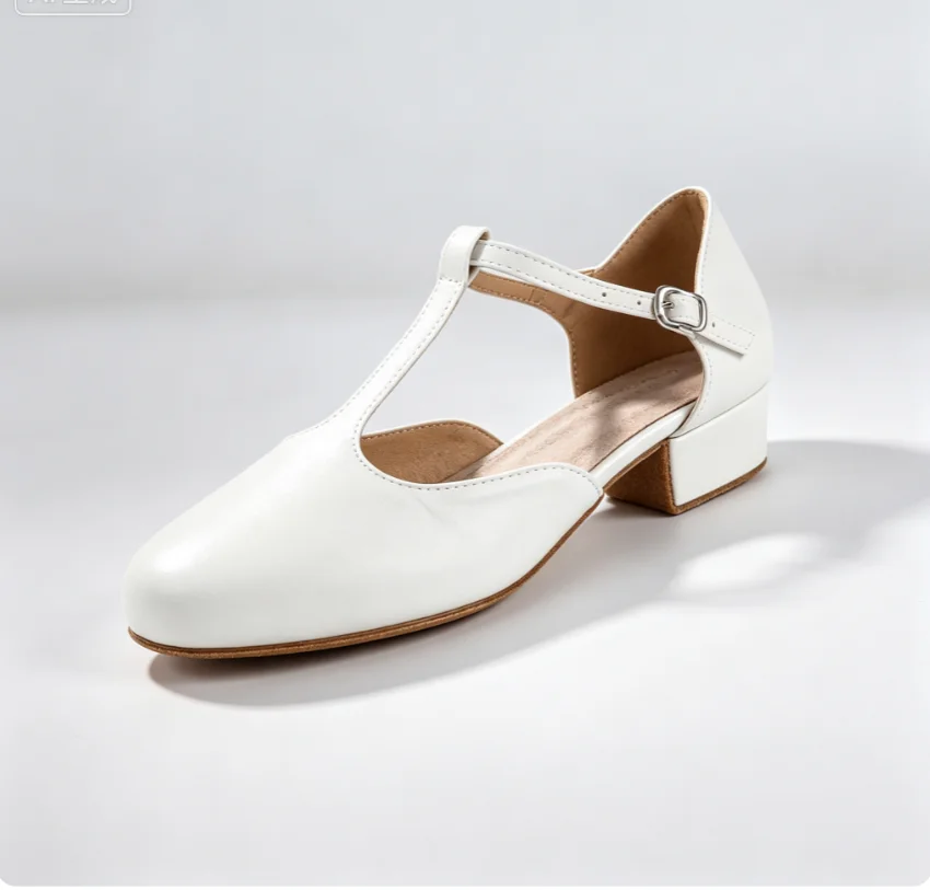 Evk Women White Leather T‑Strap Dance Shoes Closed Toe Block Low Heel Buckle Strap Modern Ballroom Waltz Practice Dance Footwear