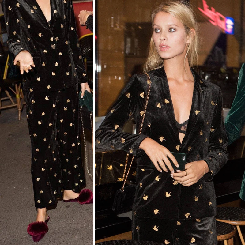 

Gold Petal Leaf Embroidered Velvet Business Women's Suit Spring Autumn Fashion Set Long Sleeve Jacket And Long Pants