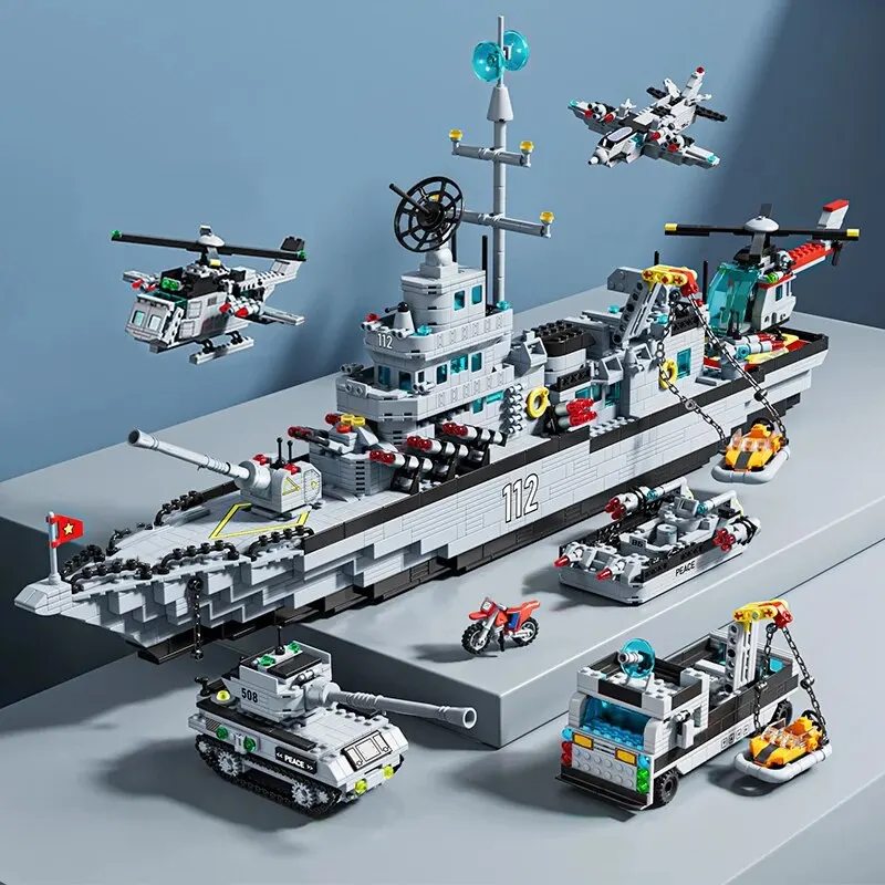 2000+PCS Building Block Warship Battleship Kits for Kids City Helicopter Military Ship Bricks Kit Educational Toys for Boys