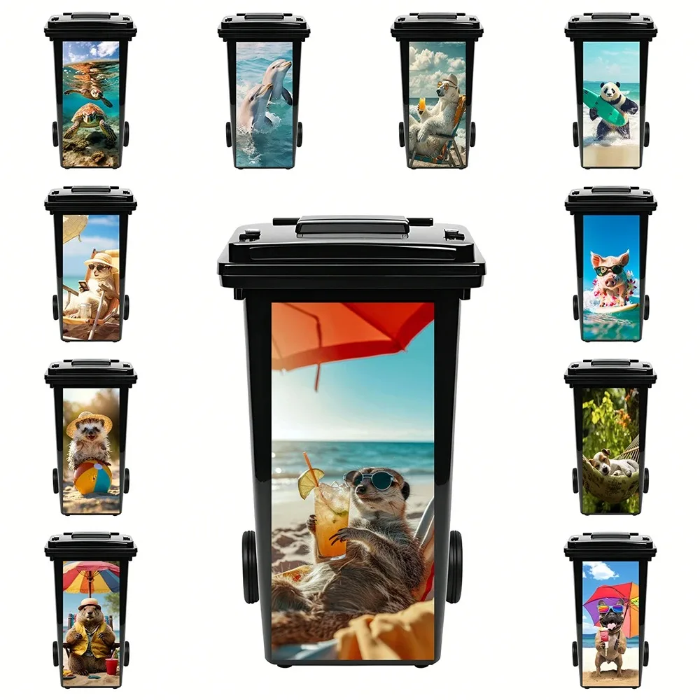 

Funny Beach Vacation Animals Trash Can Sticker Waterproof Self-Adhesive Bin Wrap Decal for Outdoor Garbage Can Cover Decor