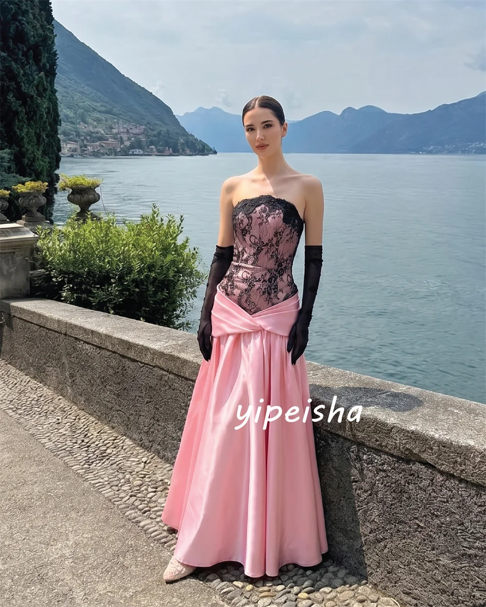 Customized Sexy Fashion Pink Lace Draped A-line Strapless Floor-Length Evening Dresses For Wedding Party Sizes Available