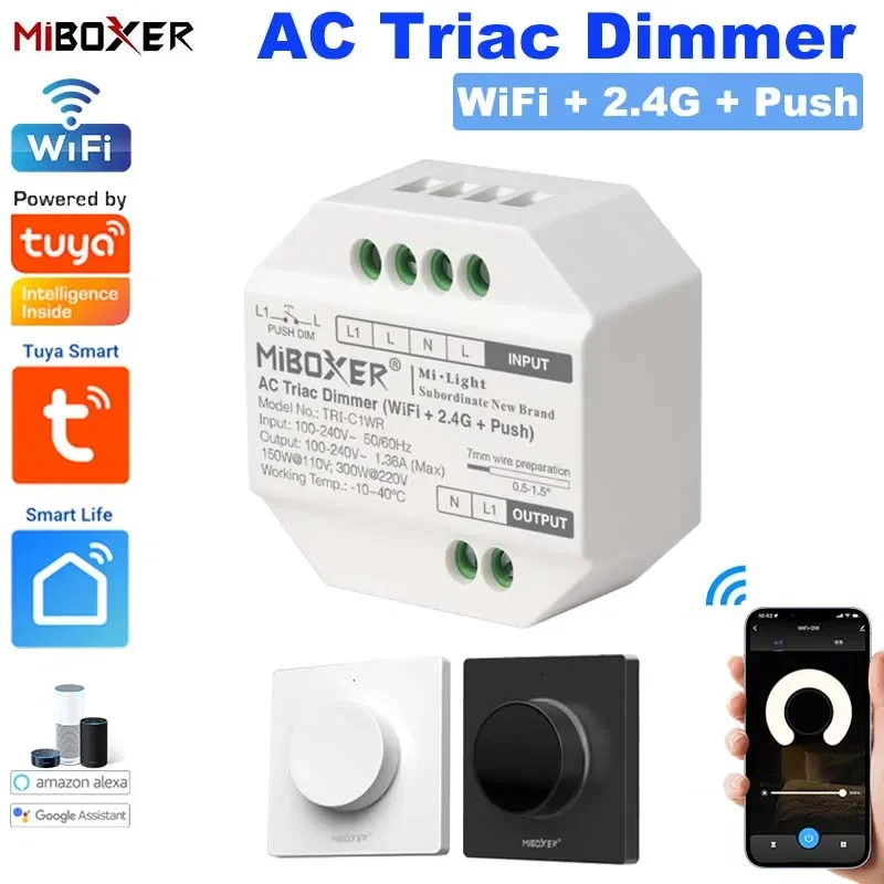 

Miboxer Tuya WiFi AC Triac Dimmer 2.4G Push Dimming RF Rotating Panel Remote Voice Control For Alexa Google Home Smart Life APP