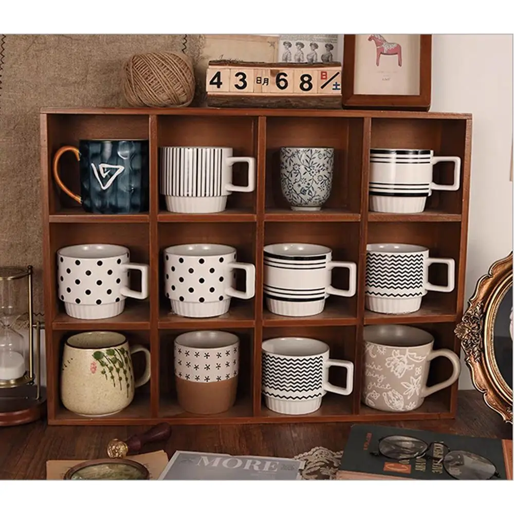 Solid Wood Wood Desktop Organizer Vintage Style Squares Cups Storage Racks 12 Compartments Decorative Stationery Display Shelf