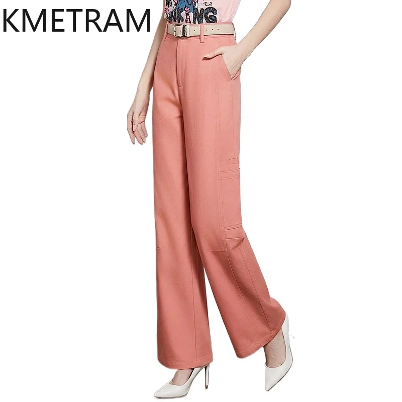 

Женские брюки KMETRAM из 85% хлопка и 15% лиоцелла, ретро, с высокой талией, прямые, повседневные, летние, 2026, женская одежда