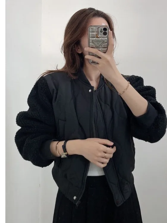 Mujer invierno ort Thiened piel de cordero empalme algodón Jaet béisbol Sle prendas de vestir exteriores suelta versátil Color Blo abrigo