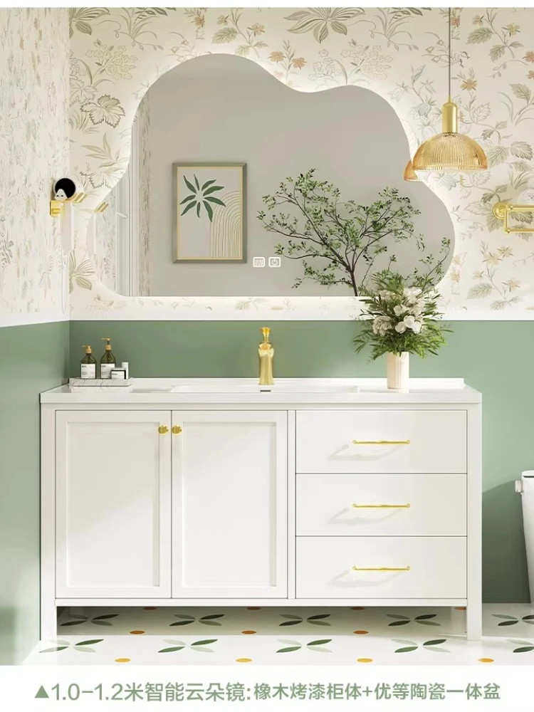 French cream wind paint ceramic integrated basin floor-to-ceiling bathroom cabinet combined bathroom wash basin