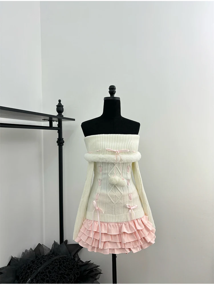 Jesień Zima Kobiety Coquette Ballet Core Shoujo Outfits 2-częściowy zestaw z długim rękawem Off Shoulder Pullovers Sweter + Gyaru Mini spódniczki