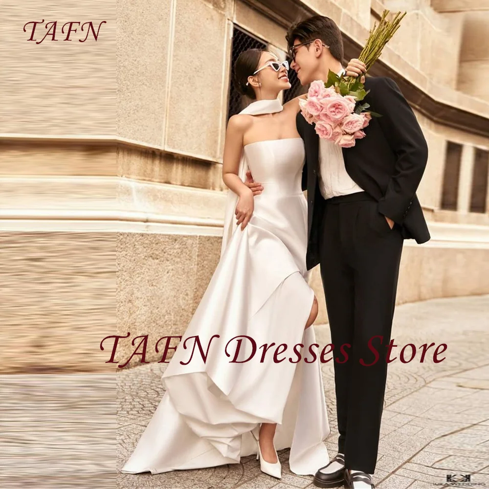 

TAFN Simple Strapless A Line Wedding Dresses Korean Photo Shoot Floor Length Bride Gowns with Scarf Corset Back Free Customized