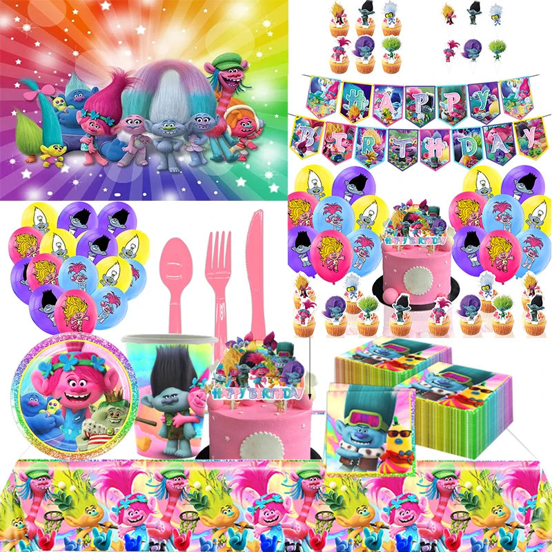 Trolls Theme Birthday Party Decorations Magic Hair Elf Disposable Tablecloth Napkin Cup Plate Balloon Kids Baby Shower Supplies